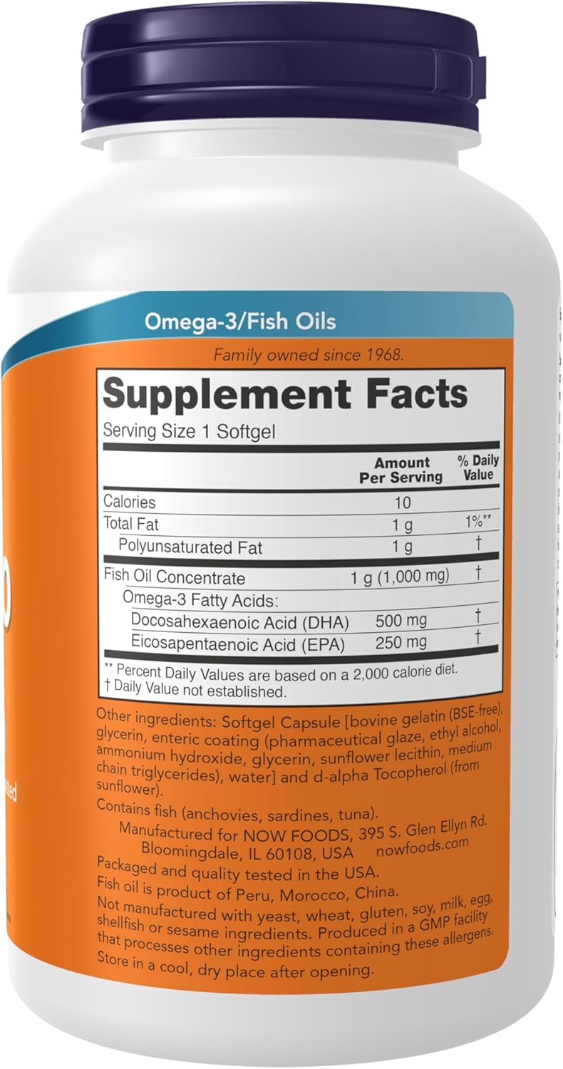 Frasco do suplemento NOW Foods DHA-500, com 180 cápsulas de gel (softgels), mostrando o rótulo com a concentração de 500 DHA e 250 EPA para suporte à saúde cerebral.