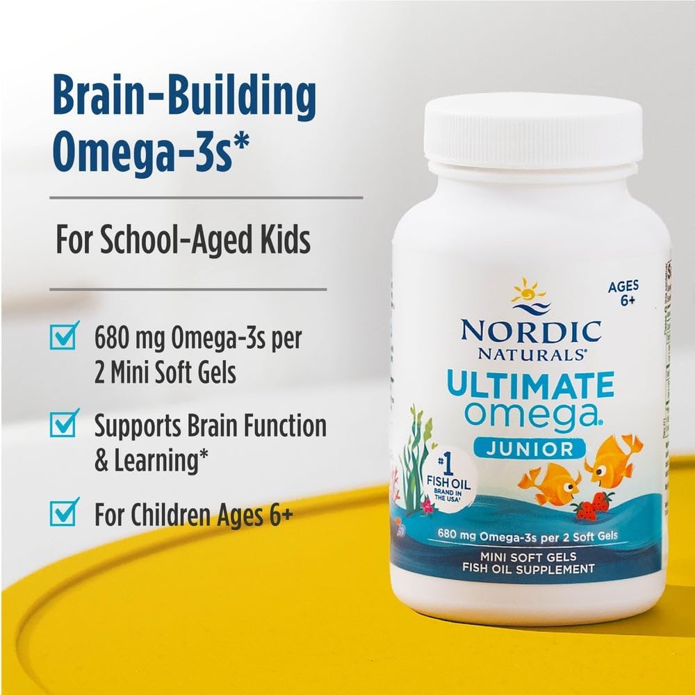 Frasco do suplemento Nordic Naturals Ultimate Omega Jr. sabor morango com 90 mini cápsulas, embalagem original importada dos Estados Unidos.