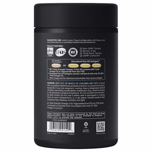 Rótulo traseiro de suplemento esportivo ômega 3, com informações nutricionais e instruções de uso em inglês.