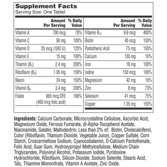 Tabela Nutricional One A Day Women's lista de vitaminas minerais e ingredientes sem glúten.