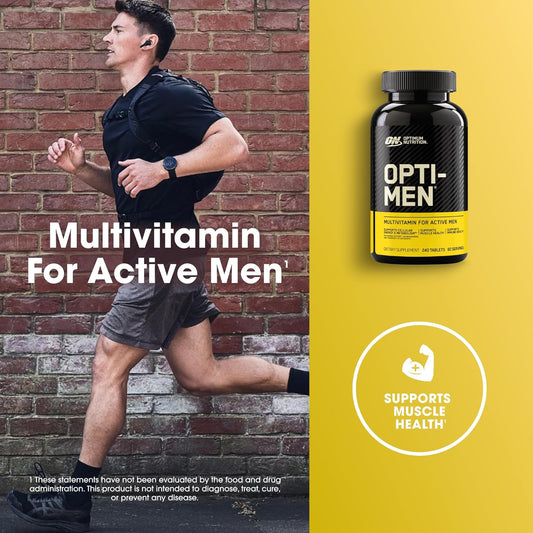 Homem correndo ao lado de frasco de Opti-Men, multivitamínico para saúde masculina, 240 cápsulas.
