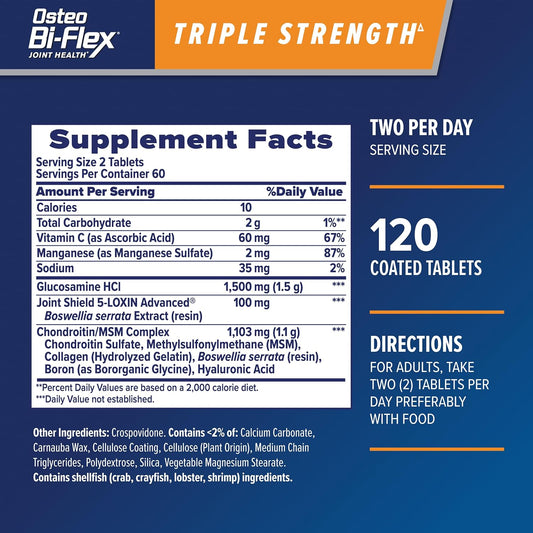 Tabela nutricional do suplemento Osteo Bi-Flex Triple Strength com 120 comprimidos revestidos.