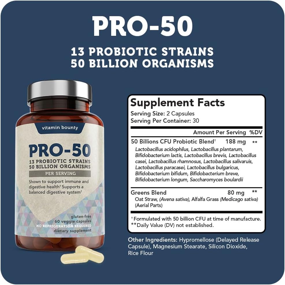 Vitamin Bounty - Pro 50 Probiótico - 13 Strains, 50 Bilhão de Organismos 60 Caps