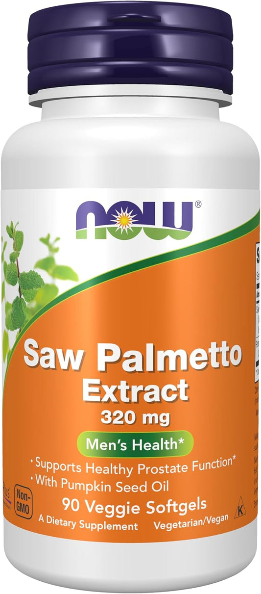 Frasco do NOW Foods Saw Palmetto Extract 320 mg com 90 veggie softgels.