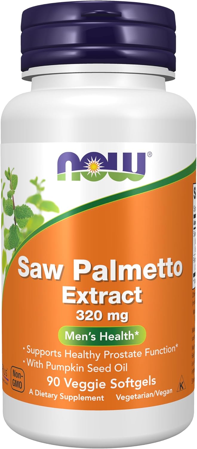 Frasco do NOW Foods Saw Palmetto Extract 320 mg com 90 veggie softgels.