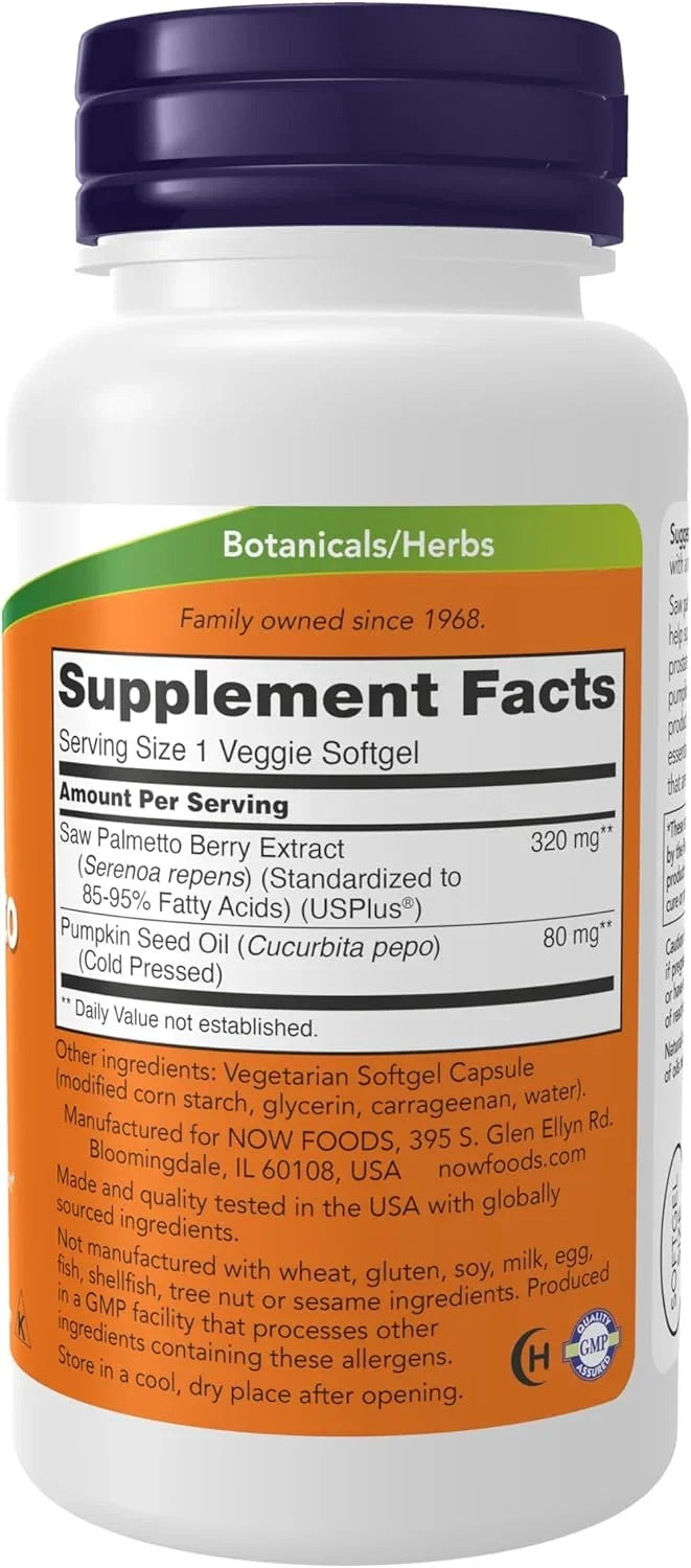 Informação nutricional do NOW Saw Palmetto com 320 mg de extrato padronizado.