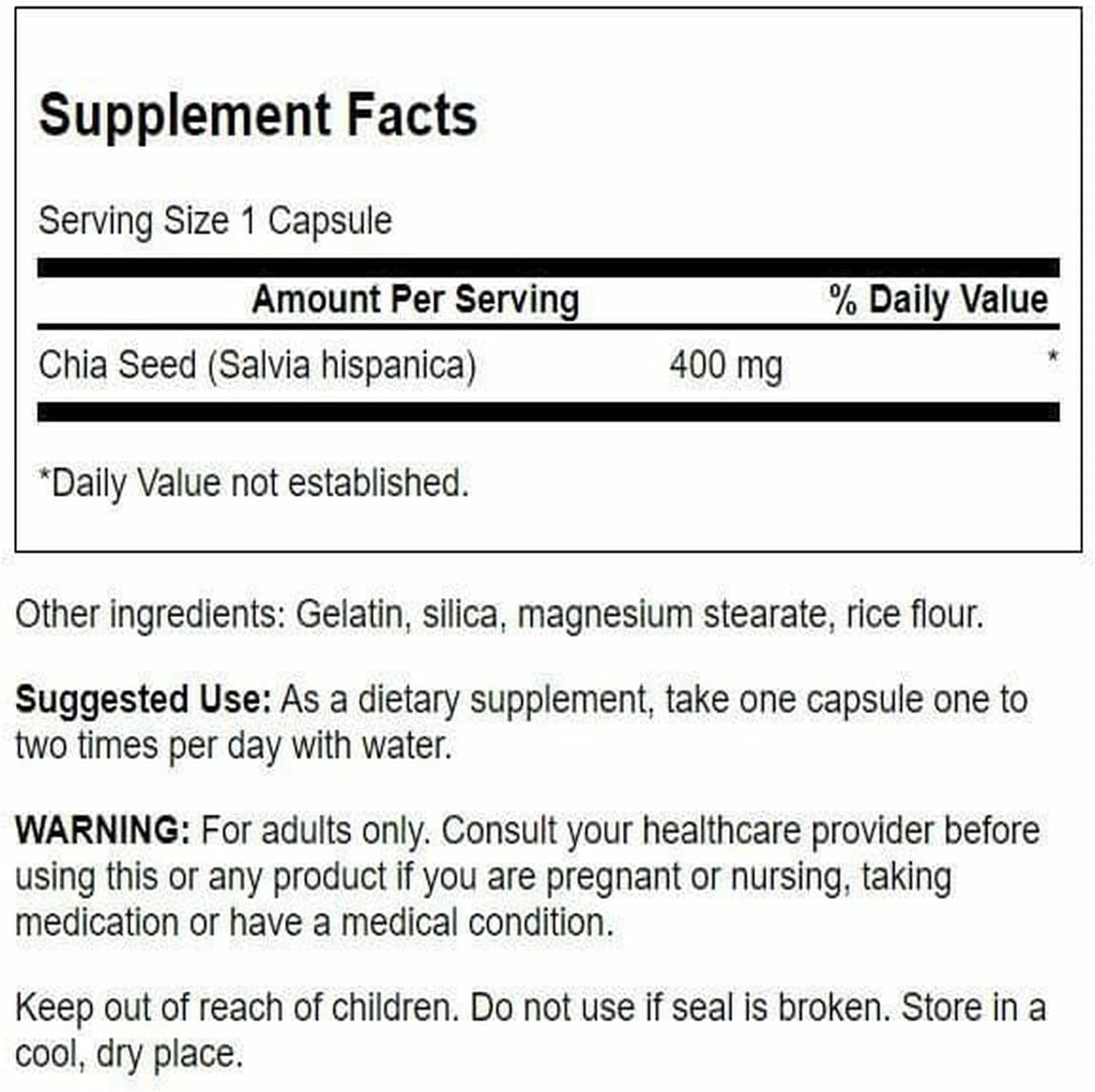 Suplemento Semente de Chia Full Spectrum 400mg da Swanson Composição nutricional.