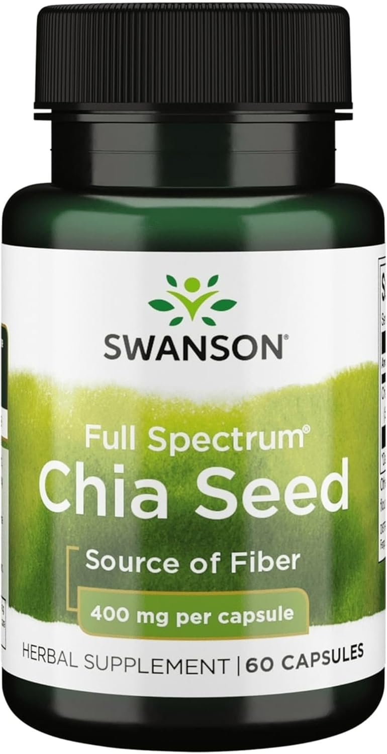 Frasco do suplemento Semente de Chia Full Spectrum 400mg da Swanson com 60 cápsulas. Rótulo verde e branco em destaque.