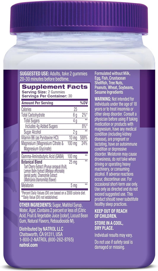 Natrol Sleep + Restore Gomas de Magnésio Glicinato com Melatonina 5mg – Magnésio Calmante com GABA, Blend Botânico, Sabor Cereja, 60 Gomas