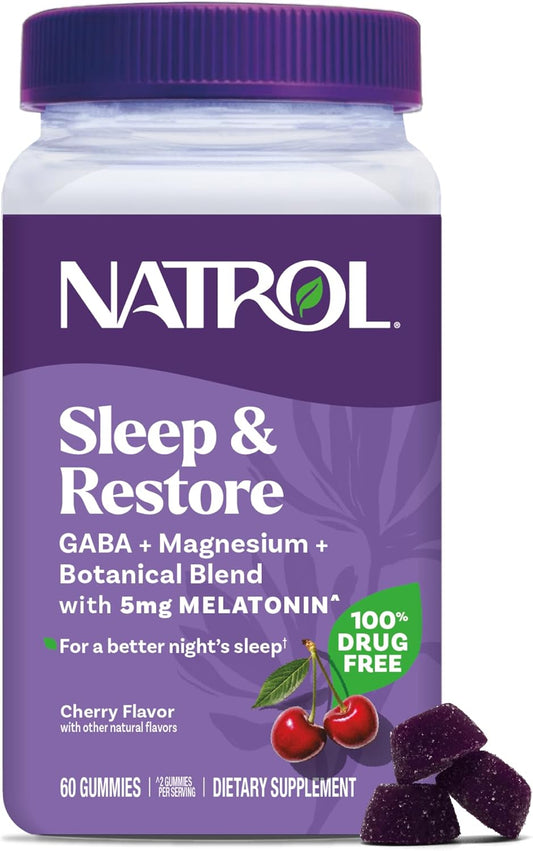 Natrol Sleep + Restore Gomas de Magnésio Glicinato com Melatonina 5mg – Magnésio Calmante com GABA, Blend Botânico, Sabor Cereja, 60 Gomas