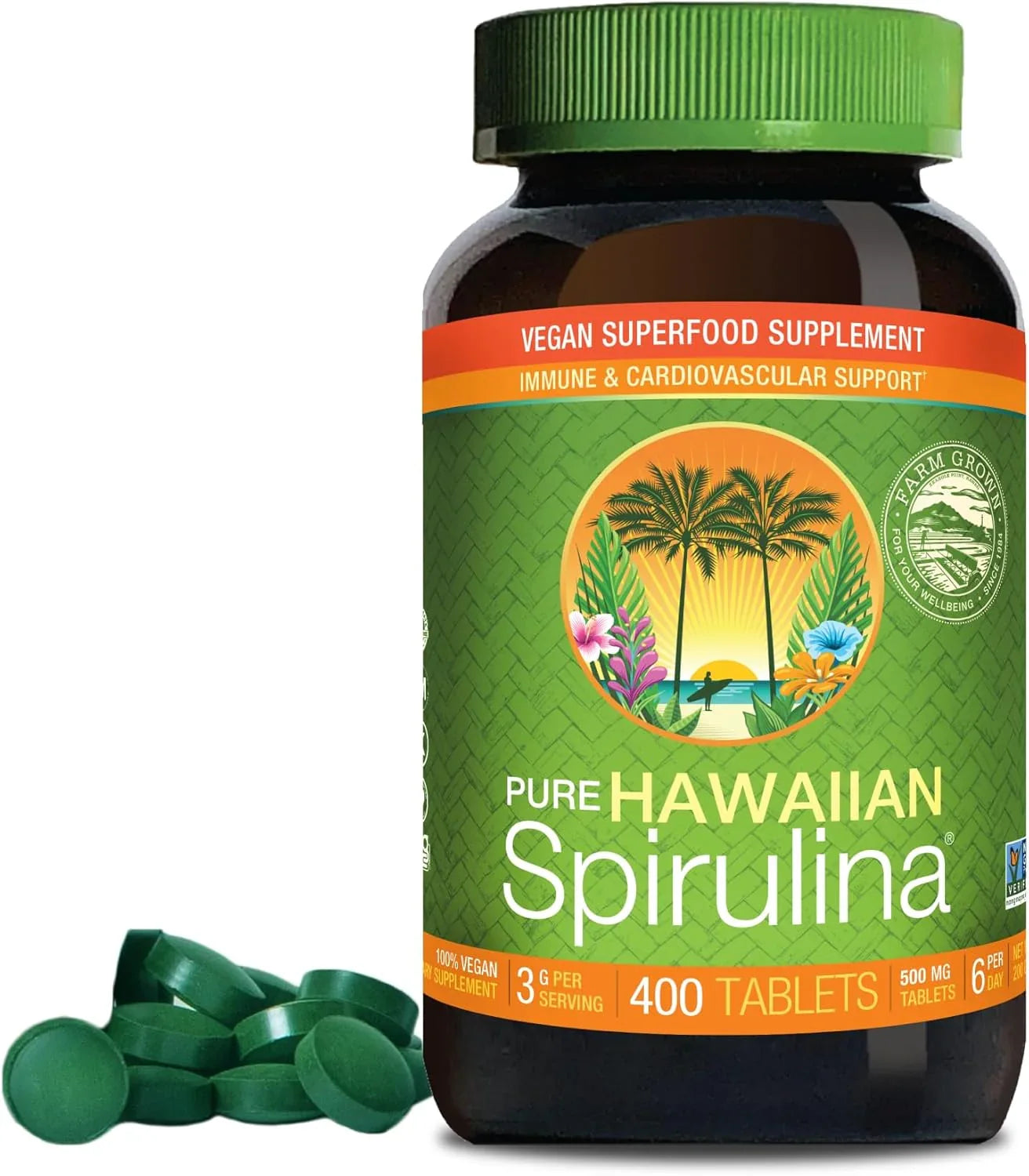 Frasco de Spirulina Havaiana Nutrex Hawaii 500mg com 400 comprimidos vegetais.
