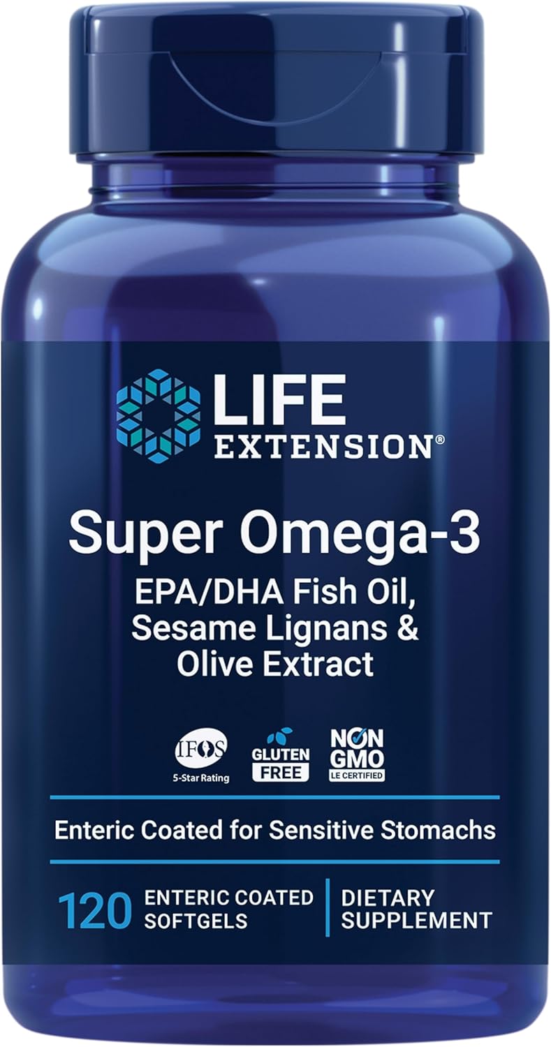 Frasco de Life Extension Super Omega-3 EPA/DHA 120 softgels destacando o selo Non-GMO.