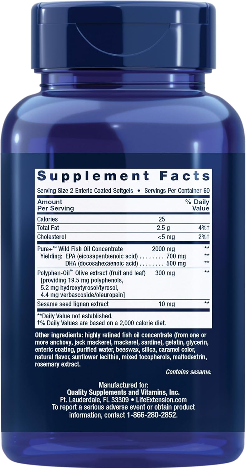 Tabela nutricional do Super Omega-3 Life Extension mostrando as concentrações de EPA e DHA.