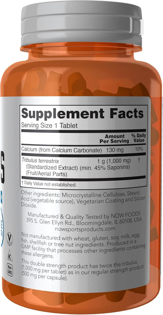 Frasco de suplemento Tribulus terrestris 1000 mg com rótulo detalhado dos ingredientes.