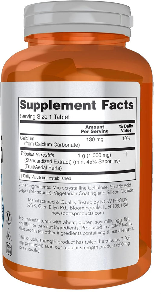 Frasco de suplemento Tribulus terrestris 1000 mg Now Sports, rótulo com informações nutricionais visíveis.
