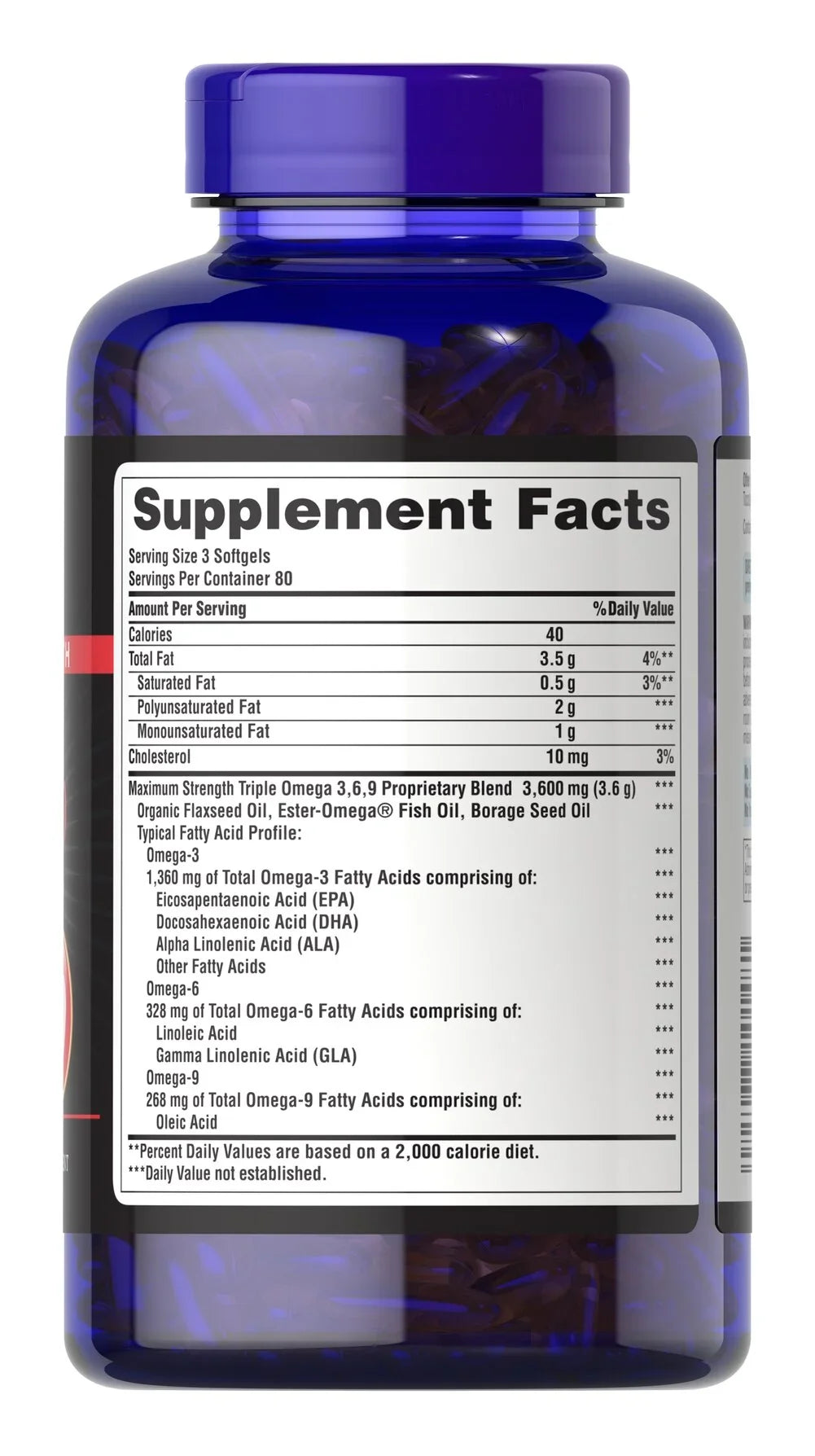 Composição nutricional Puritan's Pride Triplo Ômega 3-6-9 com 3.000 mg.