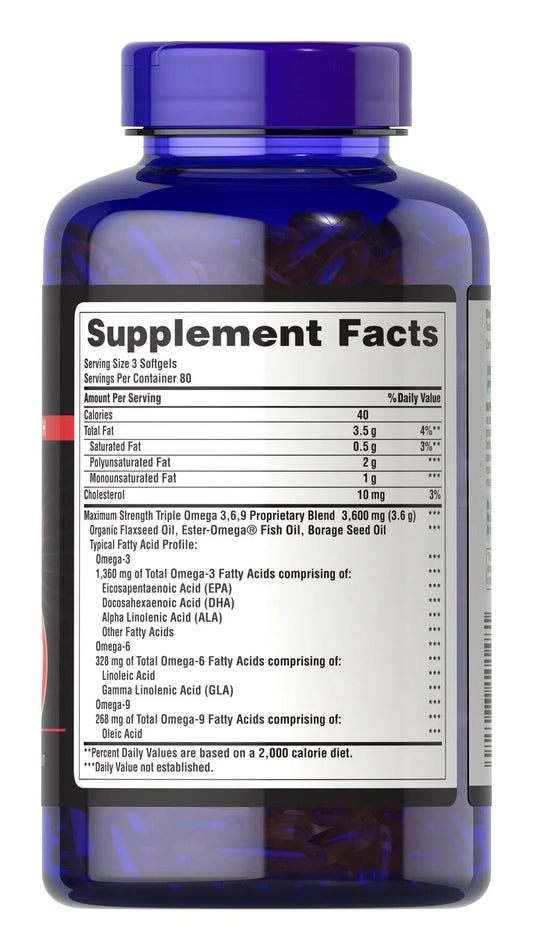 Composição nutricional Puritan's Pride Triplo Ômega 3-6-9 com 3.000 mg.