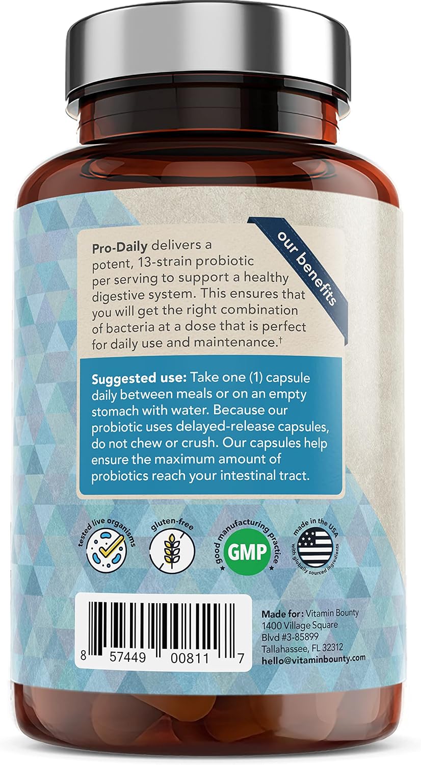 Verso do Vitamin Bounty Pro-Daily com modo de uso de uma cápsula diária, selos sem glúten e GMP, e UPC 857449008117.