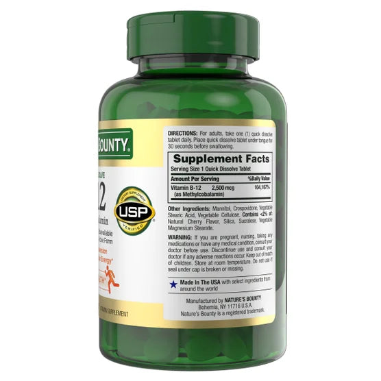 Frasco da Vitamina B-12 2500 mcg da Nature's Bounty com 300 comprimidos de dissolução rápida.