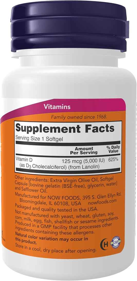 Tabela nutricional detalhada da NOW Vitamina D-3 5.000 IU, com ingredientes e valores diários

