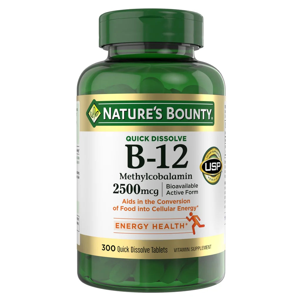 Frasco da Vitamina B-12 2500 mcg da Nature's Bounty com 300 comprimidos de dissolução rápida.