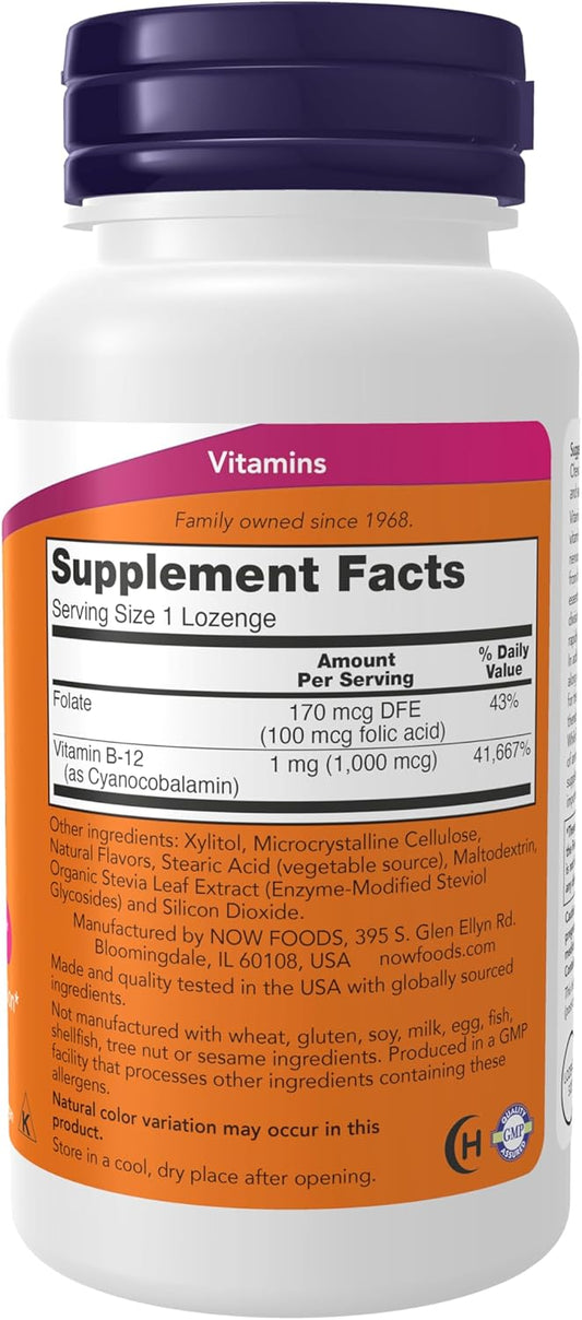 Frasco de suplemento alimentar mostrando informações nutricionais de vitamina B12 e ácido fólico.