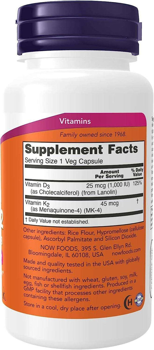 Frasco de NOW Supplements Vitamina D-3 1.000 UI e K-2 45 mcg, cápsulas veganas, apoiando ossos fortes e saúde do coração.