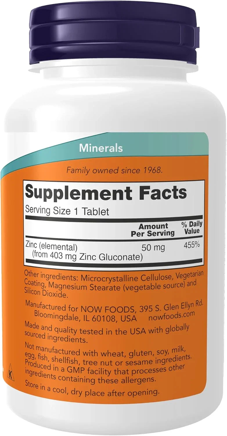Informação nutricional do NOW Foods Zinc 50 mg com 455 por cento do valor diário.