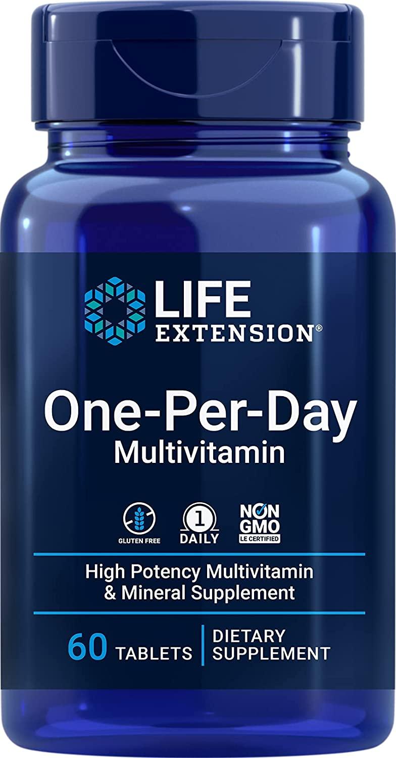 Life Extension One-Per-Day Multivitamínico - Vitaminas e minerais essenciais - para função imunológica saudável, celular, vasos sanguíneos, saúde do coração e do cérebro - Não transgênico, sem glúten - 60 comprimidos
