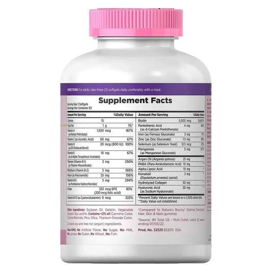Tabela nutricional Nature's Bounty Hair Skin Nails ingredientes Biotina 5000mcg e Óleo de Argan.