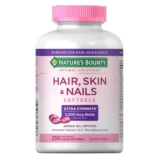 Frasco rosa do Nature's Bounty Hair Skin and Nails Força Extra 250 softgels original importado.