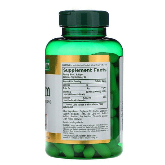 abela nutricional do suplemento Nature's Bounty Cálcio e Vitamina D3 demonstrando a dosagem de ingredientes e selos de produto sem glúten e sem lactose.