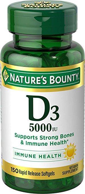 Nature's Bounty Vitamina D3 Força Máxima 5000 UI com 150 softgels – vista frontal.