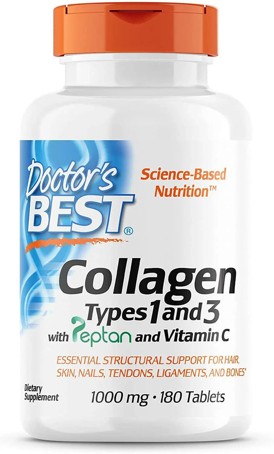Foto frontal do frasco Doctor's Best Colágeno Tipos 1 e 3 com 180 comprimidos e selo Peptan.