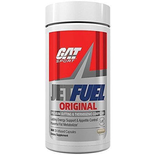 Frasco de GAT SPORT JetFuel Original, um suplemento termogênico queimador de gordura com 144 cápsulas líquidas.