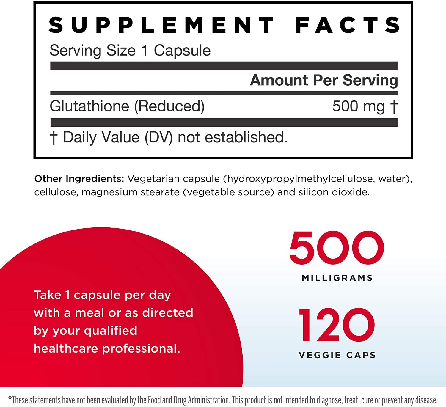 Jarrow Formulas Reduced Glutathione (Glutationa) 500 mg, 120 Veggie Caps - NutriVita