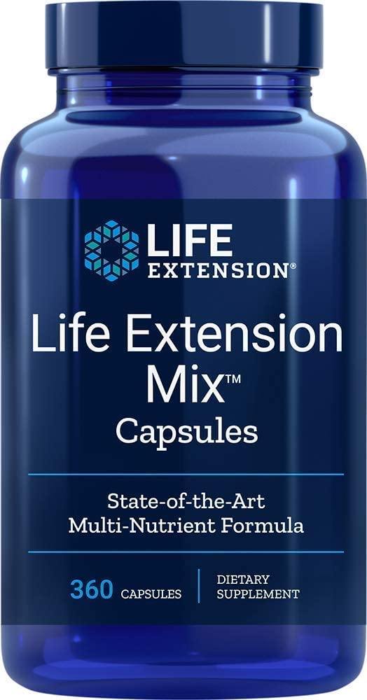 Frasco do Life Extension Mix Capsules com 360 cápsulas, suplemento multivitamínico avançado para saúde e envelhecimento saudável