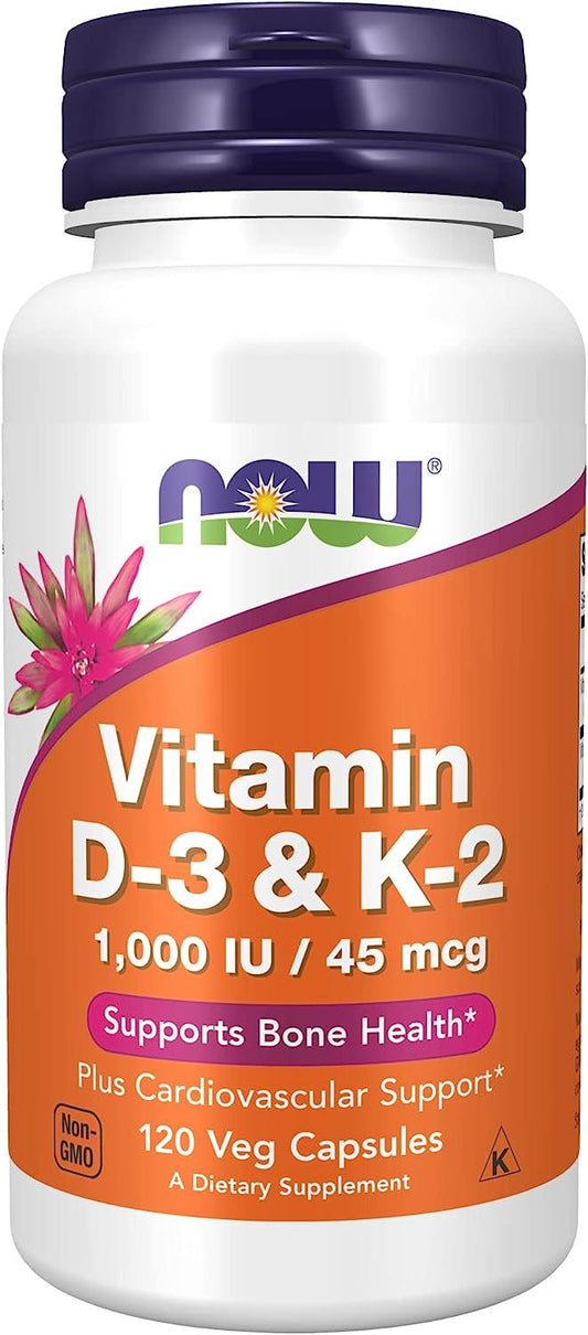 NOW Supplements Vitamina D-3 e K-2 em cápsulas para saúde óssea e cardiovascular.
